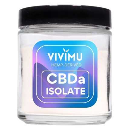 Vivimu CBDa Isolate for sale — hemp-derived pure CBDa powder in a clear glass container with branded label, ideal for wellness, formulation, and research applications.