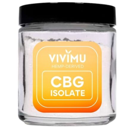Vivimu CBG Isolate for sale — premium hemp-derived CBG powder in a clear glass jar with black lid, high-purity cannabinoid isolate for wellness and formulation use.