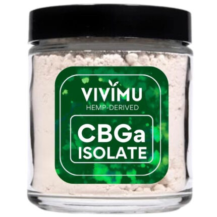 Glass jar filled with Vivimu’s white CBGa isolate powder, a fine hemp-derived bulk cannabinoid extract