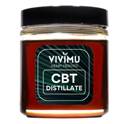 CBT Distillate from Vivimu — high-purity hemp-derived CBT oil, sealed in a glass jar, crafted for cannabinoid formulations and product development.