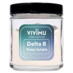 Vivimu Delta 8 Water Soluble for sale — labeled glass jar containing hemp-derived Delta 8 powder, formulated for rapid absorption in liquid products.