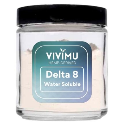 Vivimu Delta 8 Water Soluble for sale — labeled glass jar containing hemp-derived Delta 8 powder, formulated for rapid absorption in liquid products.