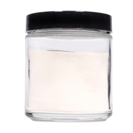 Vivimu CBDa Isolate powder — fine white hemp-derived CBDa concentrate stored in a clear glass jar with black lid, perfect for custom cannabinoid formulations.