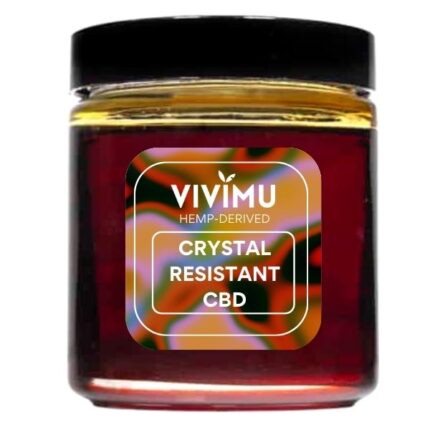 Vivimu Crystal Resistant CBD for sale — premium hemp-derived CBD oil designed to resist crystallization, in a clear glass container with black lid, perfect for vape formulations and liquid products.
