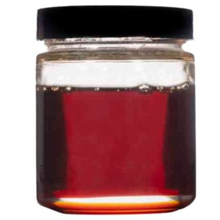 Front view of a clear glass jar filled with amber-red Delta 8 live resin extract, sealed with a black screw-on lid. The hemp-derived concentrate has a rich, viscous appearance, showcased against a white background.