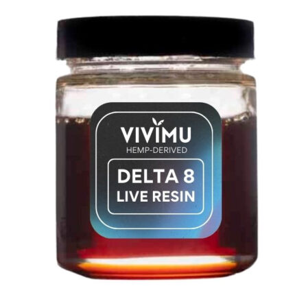 Vivimu branded clear glass jar containing Delta 8 live resin extract with a rich amber-red hue. The label reads 'Vivimu Hemp-Derived Delta 8 Live Resin' on a gradient black and blue background, with the jar sealed by a black lid.