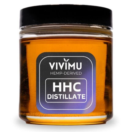 Vivimu hemp-derived HHC distillate in clear glass jar with black lid and branded label
